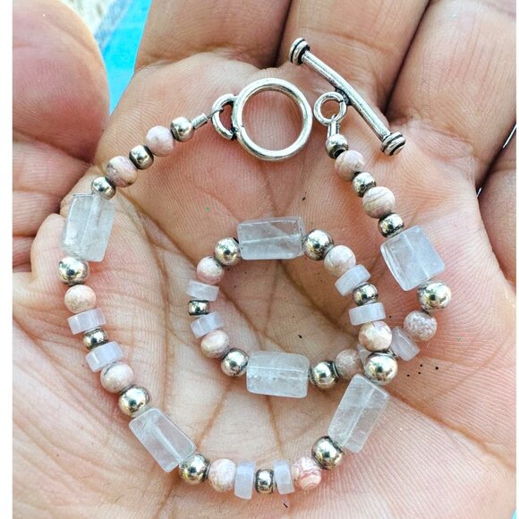 Handcrafted Quartz & Freshwater Pearls Rose Gold Bead Bracelet With Toggle Clasp - Picture 1 of 11